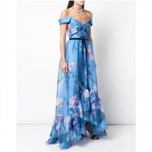 Marchesa Notte Off-Shoulder Blue Floral Maxi Dress